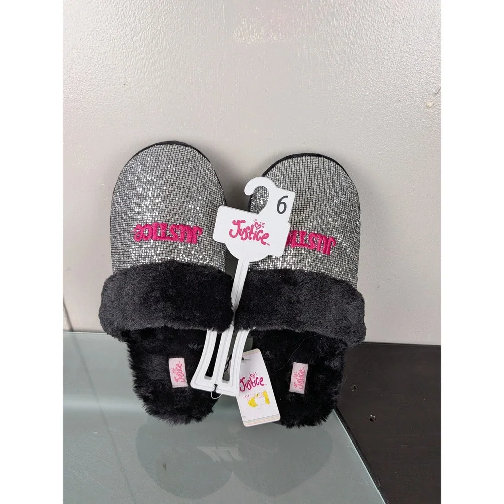 Justice Girls Silver Rhinestone Black Faux Fur Slippers Pink Logo Size 6 NEW